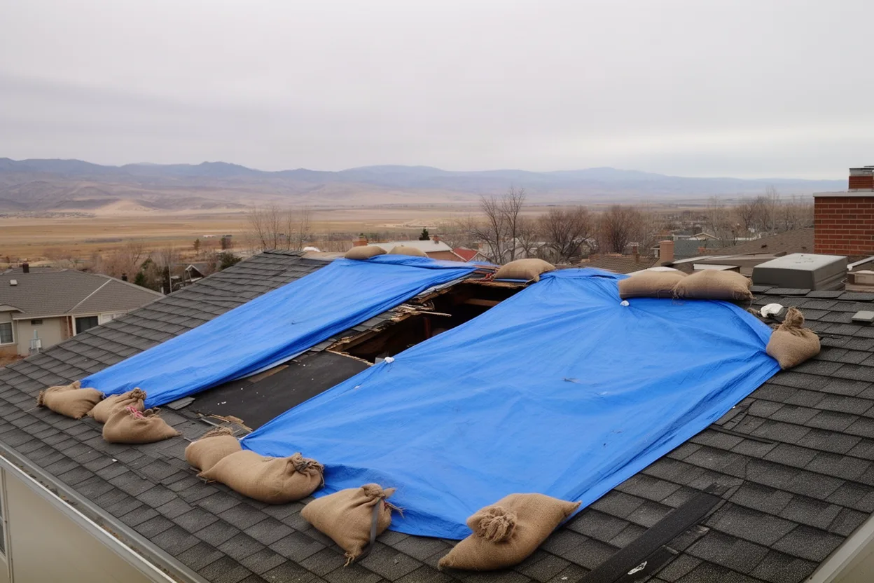 A tarp secured over a damaged roof section