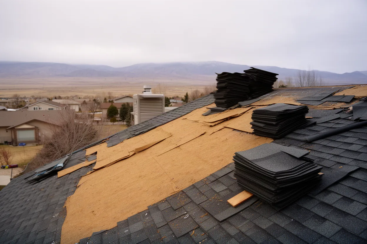 A roof mid tear-off with shingle bundles staged