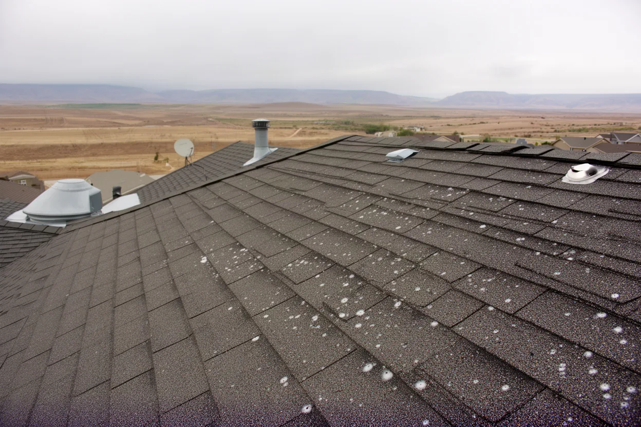Hail-bruised shingles and a dented vent cap